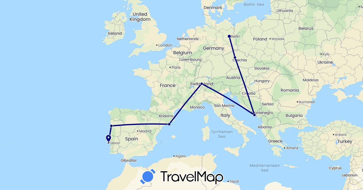 TravelMap itinerary: driving in Switzerland, Czech Republic, Germany, Spain, Croatia, Portugal (Europe)