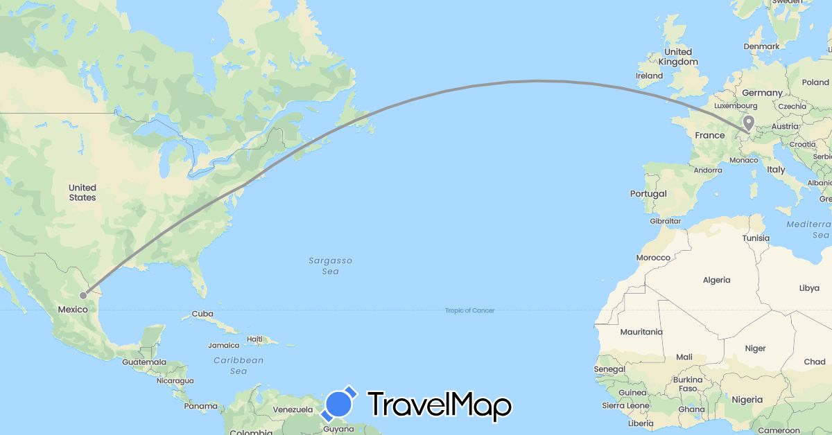 TravelMap itinerary: driving, plane in Switzerland, France, Mexico, United States (Europe, North America)